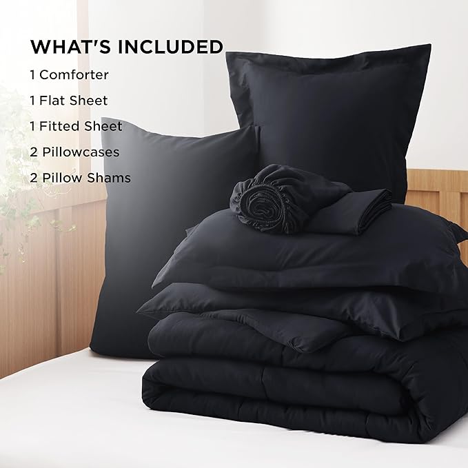 Bedsure Black King Size Comforter Set - 7 Pieces Solid King Bed Set, King in a Bag with Quilted Warm Fluffy Comforters, Sheets, Pillowcases & Shams - LeafyLoom