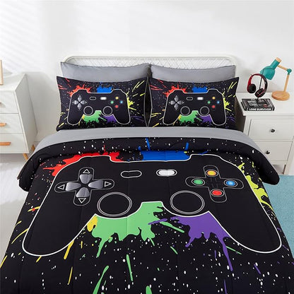 KAKKI 4 Piece Boys Twin Gamer Comforter Set with Sheets, 3D Colorful Video Game Controller Comforter for Kids Teen, All Season Soft Microfiber Gaming Bedding Set(Black,Twin) - LeafyLoom