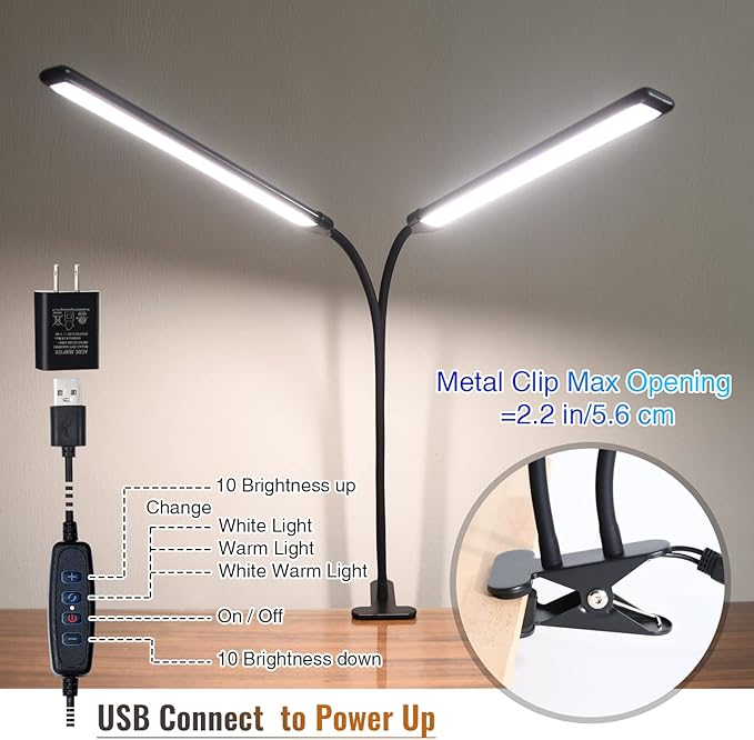 Desk Lamp, Clamp on Lamp with 2 LED Tubes, 13W, 1200 Lms, 3 Color Modes, 10 Brightness Levels, 18.5 Inches Flexible Gooseneck LED Clip Book Light for Reading, Working (Adapter Included) - LeafyLoom