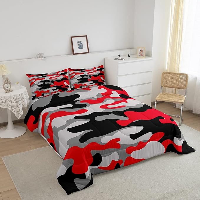 Feelyou Twin Size Camouflage Comforter Set 3Pcs Kids Bedding Set for Boys Girls Teens 1 Comforter & 2 Pillowcases(Twin,Red Black) - LeafyLoom