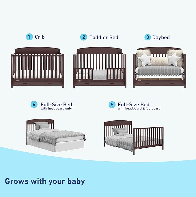 Graco Benton 5-in-1 Convertible Crib with Drawer (Espresso) - Converts from Baby Crib to Toddler Bed, Daybed and Full-Size Bed, Fits Standard Full-Size Crib Mattress, Adjustable Mattress Support Base - LeafyLoom