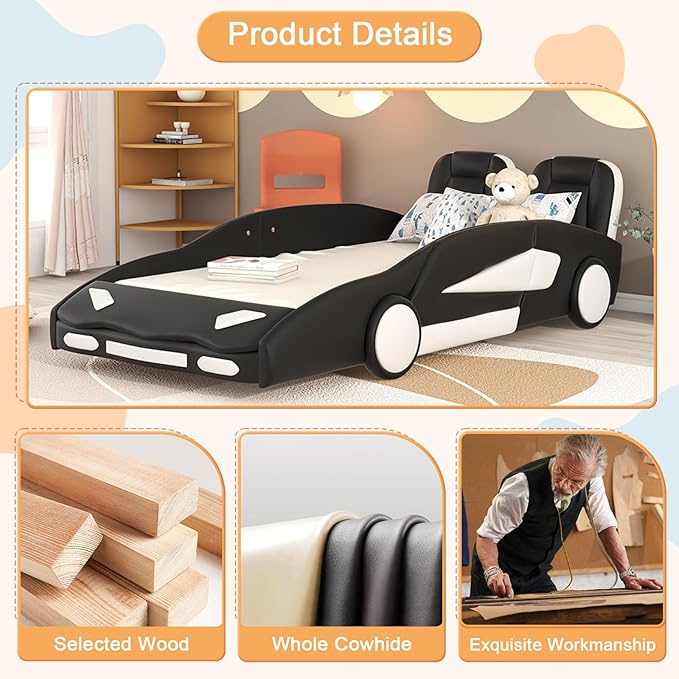 Twin Size Race Car-Shaped Bed Frame for Kids, Wooden Platform Bed with Guardrail and Upholstered Headboard, Wheels and Support Slats, for Boys Girls Child's Bedroom, No Spring Need (Black) - LeafyLoom