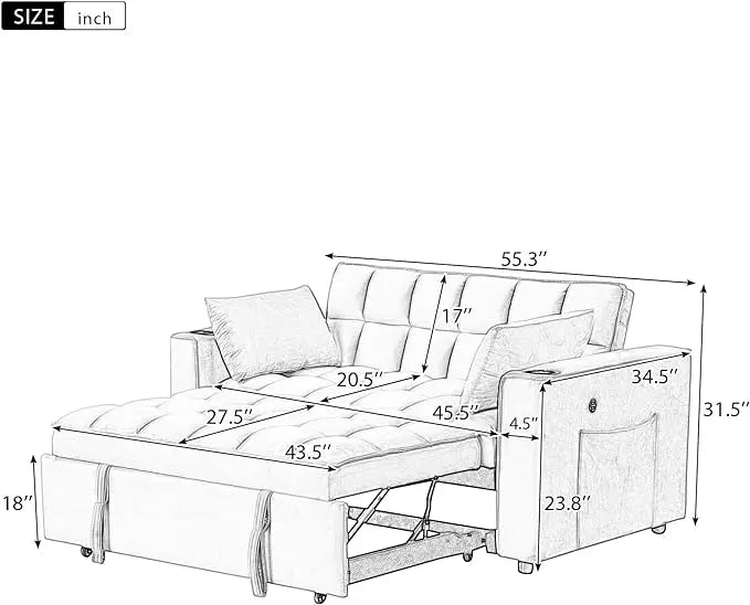 Convertible Sleeper Couch Bed, Black w/ 2 Cup Holder and USB Port - LeafyLoom