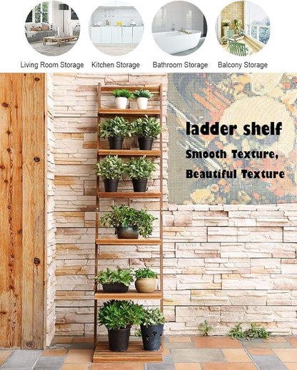 HYNAWIN 6 tier bookshelf ladder shelf-Large Bamboo Storage Shelves Wall Leaning Shelf for Garage, Kitchen, Office,Corner Display Bookcase - LeafyLoom