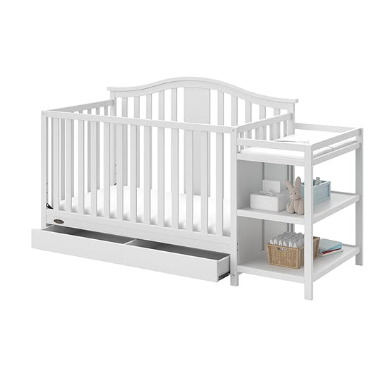 Graco Solano 4-in-1 Convertible Crib and Changer with Drawer (White) – Crib and Changing Table Combo with Drawer, Includes Changing Pad, Converts to Toddler Bed, Daybed and Full-Size Bed - LeafyLoom