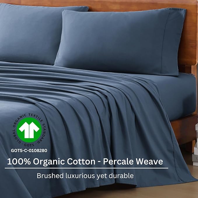 LANE LINEN 100% Organic Cotton Twin XL Sheets Set 3-Piece Pure Percale Extra Long Soft Bedding Breathable Fits Mattress Upto 15" Deep - Navy - LeafyLoom