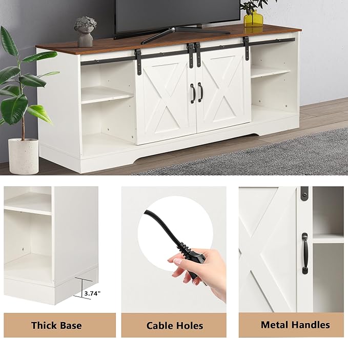 TV Stand with 2 Sliding Barn Doors, 59 Inch Television Stands with Adjustable Shelves for TVs Up to 65", Entertainment Center with Storage for Living Room, Distressed White - LeafyLoom