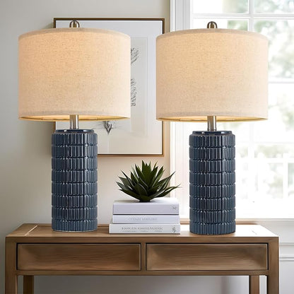 PoKat 23" Blue Table Lamp, Farmhouse Bedside Lamps for Bedroom Set of 2, Ceramic End Table Lamps for Living Room, Traditional Nightstand Desk Lamps, Medium - LeafyLoom