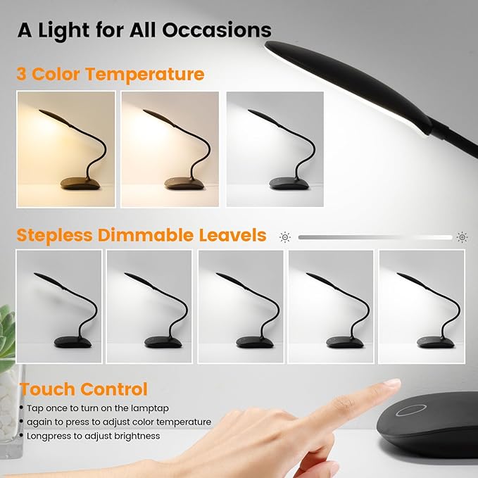 Battery Powered Desk Lamp, Portable Lamps Rechargeable 3 Color Modes Touch Control Stepless Dimming, Wireless Desk Lamp with 2000mAh, Small LED Table Light for Dorm Study Office Bedroom,Black - LeafyLoom