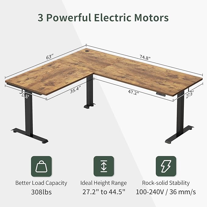 FEZIBO 75 Inches, Supports over 300mlbs, L Shaped Standing Desk Reversible, Electric Height Adjustable Corner Stand up Desk, Sit Stand Desk Computer Workstation, Black Frame/Rustic Brown Top - LeafyLoom