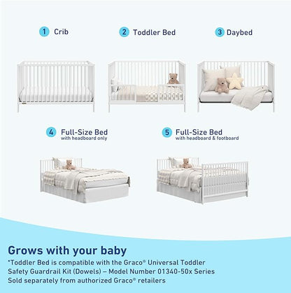 Graco Teddi 5-in-1 Convertible Crib (White) – GREENGUARD Gold Certified, Converts to Daybed, Toddler & Twin Bed with Headboard and Footboard, Adjustable Mattress Height - LeafyLoom