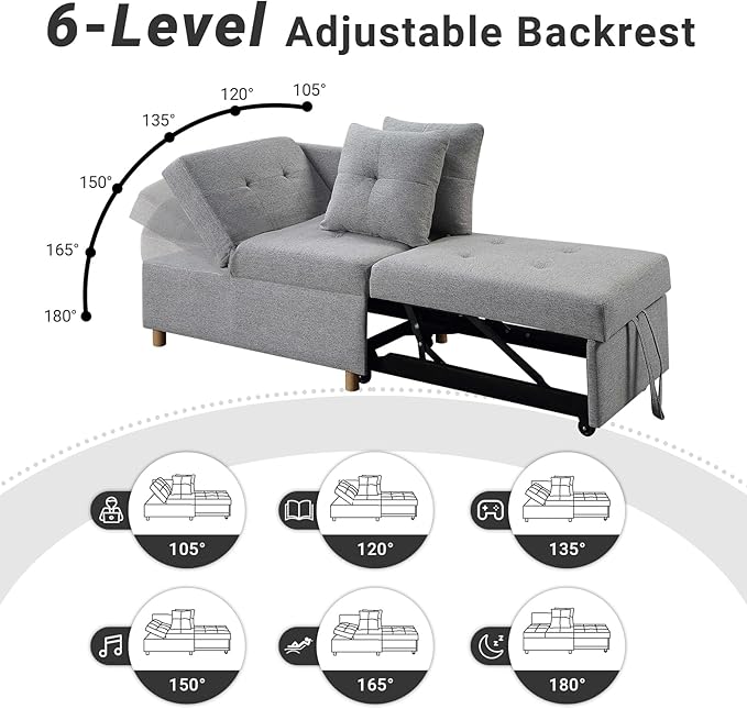 4-in-1 Convertible Sleeper Sofa, Single Pull Out Couch Chair with 6-Level Adjust Backrest Loveseat with Storage and Pillows, Modern Recliner for Living Room Apartment Office, Light Grey - LeafyLoom