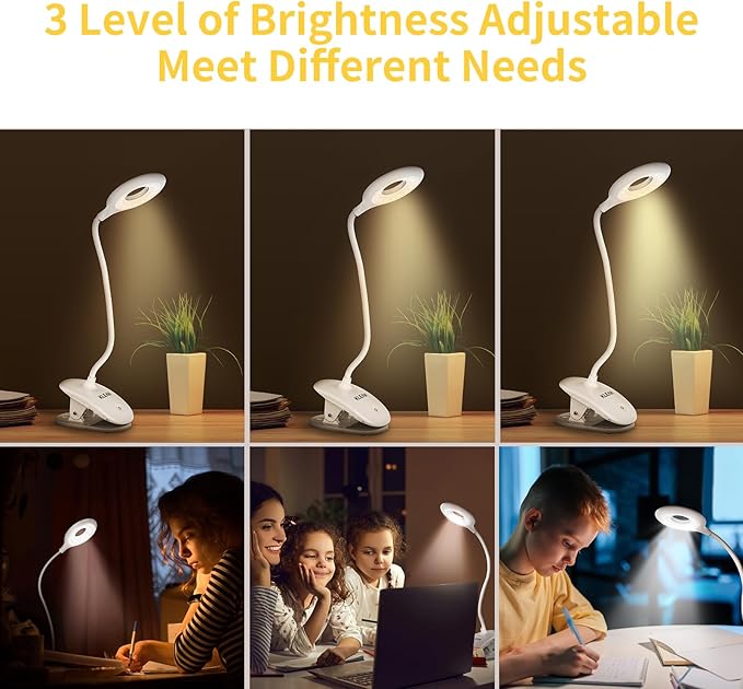 Clip on Light for Bed & Desk, Reading in Bed, Dorm, Flexible Gooseneck, Battery Operated Rechargeable Clamp Lamp for Headboard, Eye-Caring LED Light with 3 Brightness Modes - LeafyLoom