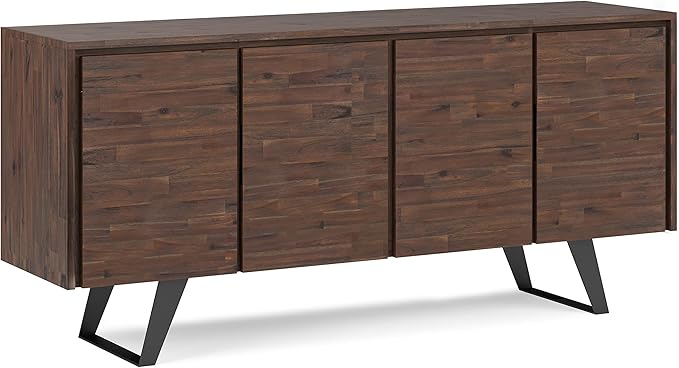 SIMPLIHOME Lowry SOLID ACACIA WOOD 66 Inch Wide Modern Industrial Large 4 Door Sideboard Buffet in Distressed Charcoal Brown, For the Dining Room and Kitchen - LeafyLoom