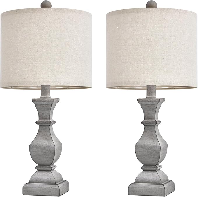 PoKat 20.5'' Table Lamps Set of 2, Vintage Bedside Lamps for Bedroom, Farmhouse Lamp for Living Room, Small Lamp for Nightstand, Retro Side Table Lamp, Grey - LeafyLoom