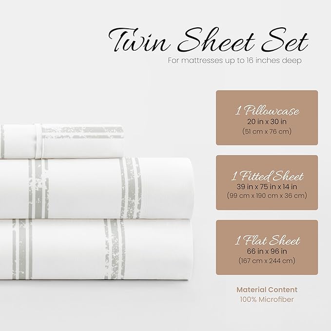 Linen Market 3 Piece Twin Bedding Sheet Set (Light Gray Lines) - Sleep Better Than Ever with These Ultra-Soft & Cooling Bed Sheets for Your Twin Size Bed - Deep Pocket Fits 16" Mattress - LeafyLoom