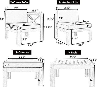 5-Piece Outdoor Patio Furniture Sectional Sets, Wooden L-shaped Corner Sofa Seating with Tea Table and Removable, Backyard Gardern Deck, Natural Finish+ Blue Cushions - LeafyLoom