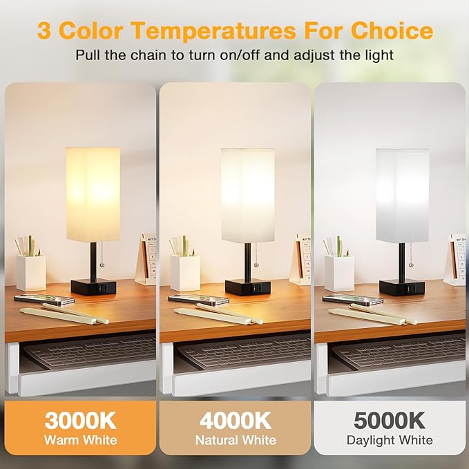 White Small Table Lamp for Bedroom - 3 Color Temperature 3000K 5000K 4000K Bedside Lamp, Pull Chain Control, USB A and C Charging Ports, Black Base, for Kids Office Dorm Nightstand, Bulb Included - LeafyLoom