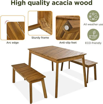 3-Pieces Patio Dining Set with Acacia Wood Tabletop and 2 Benches, Outdoor & Indoor Table and Chairs Furniture for Picnic Barbecue, Porch, Garden, Poolside, Onesize, Natural - LeafyLoom