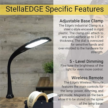 Stella Edge Premium 10W LED Desk Clamp Task Lamp - White - Adjustable Dimmable Low Vision Light - Macular Degeneration Lighting - Hobby Crafting Sewing - LeafyLoom