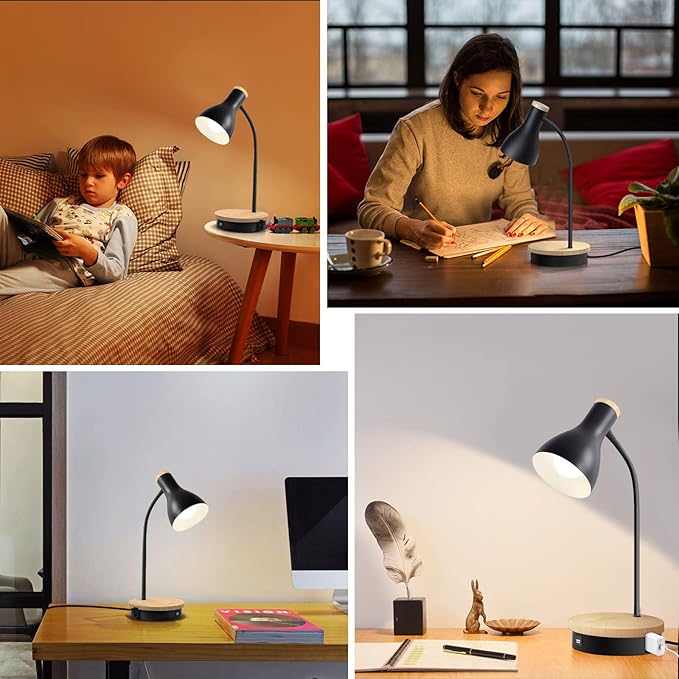 Metal Desk Lamp Wireless Charging Table Lamp Touch Reading Lights Arc Desk Lamps for Bedroom, 3 Way Dimmable Bedside Lamp with USB Charging Ports, Reading Lamp for Study Room and Office (Black-02) - LeafyLoom