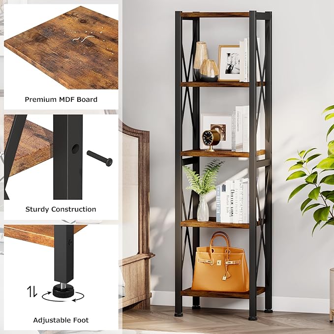 5-Tier Narrow Bookshelf, Ladder Bookshelf, Tall Bookshelf for Bedroom with Open Shelves, Office Bookshelf, Industrial Standing Bookshelf for Bedroom, Living Room and Home Office - LeafyLoom