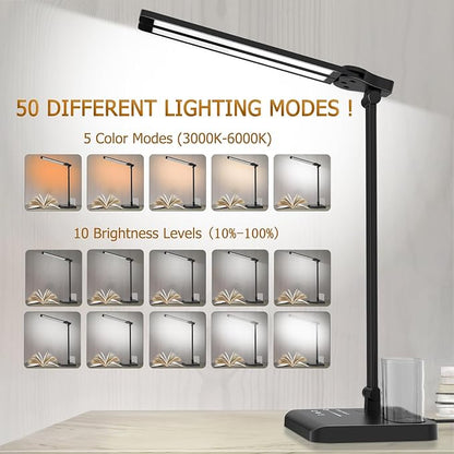 Dimmable LED Desk Lamp with USB Charging Port, 50 Lighting Modes Dual Swing Arm Architect Table Lamp Light Desk Lamp for Home Office Dorm Piano Nail - LeafyLoom