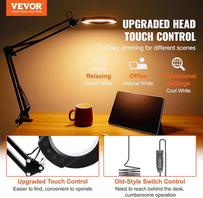 VEVOR 5X Magnifying Glass with Light and Stand, 【Upgraded】 5 Color Modes Stepless Dimmable, 4.3" Glass Lens Magnifier Desk lamp, 2-in-1 Magnifying Light and Stand for Crafts, Reading, Close Work - LeafyLoom