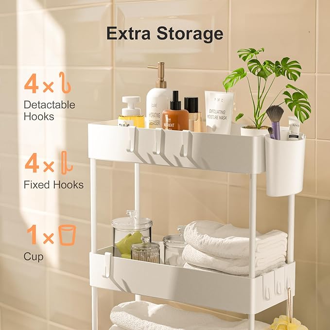 Pipishell Slim Storage Cart with Wheels, 4 Tier Bathroom Storage Organizer Rolling Utility Cart for Bathroom Kitchen Laundry Room Office Narrow Place (White) - LeafyLoom