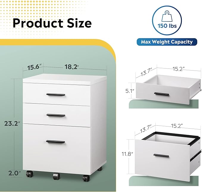 DEVAISE 3 Drawer File Cabinet for Home Office, Wood Under Desk Filing Cabinet, Rolling Printer Stand with Wheels, White - LeafyLoom