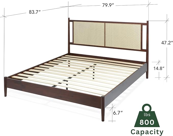 Bme Oliver King Bed Frame and Headboard - 15-Inch Signature Design with Rattan Headboard, Bohemian and Mid Century Style, 12-Slat Wood Support, No Box Spring Needed - Easy Assembly, Walnut - LeafyLoom