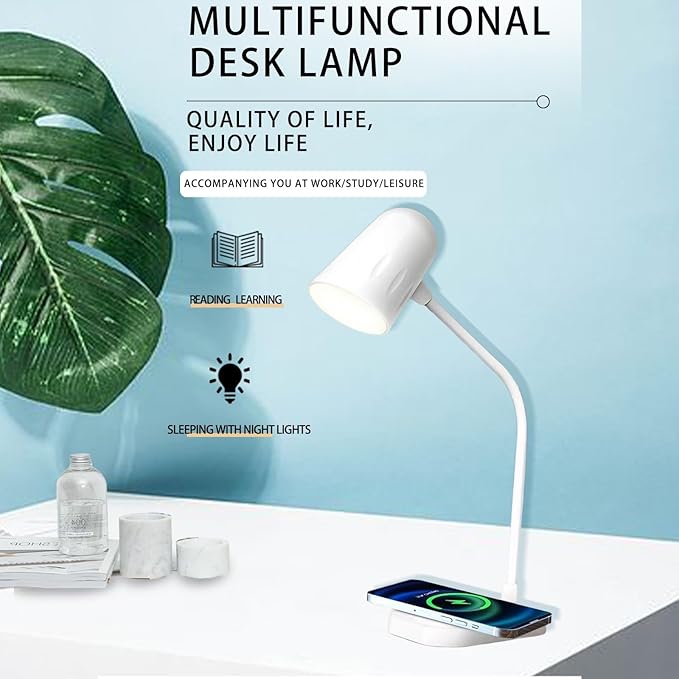 Led desk lamp with wireless charger, Bluetooth Speaker, Dimmable Table Lamp with 3 Lighting Mode, Touch Control, USB Charging Port Desk Light for Home Office Dorm Reading Work Study ( Color : White ) - LeafyLoom