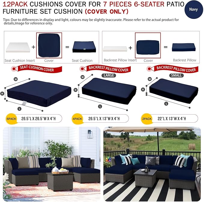 ClawsCover 12 Pack Outdoor Patio Seat and Back Cushions Replacement Covers Fit for 7Pieces 6-Seater Wicker Rattan Furniture Conversation Set Sectional Couch Chair,Navy-Include Cover Only - LeafyLoom