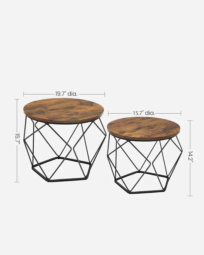 VASAGLE Small Coffee Table Set of 2, Round Coffee Table with Steel Frame, Side End Table for Living Room, Bedroom, Office, Rustic Brown and Ink Black - LeafyLoom