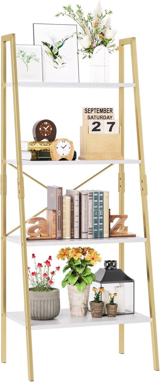 finetones Bookshelf 4 Tier, Wood Bookcase with Metal Frame, Open Display Storage Ladder Shelf, Plant Flower Stand Storage Rack for Home Office White/Gold - LeafyLoom