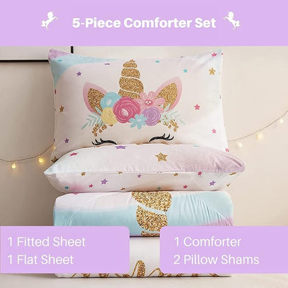 Twin Size Comforter Set for Girls, 5-Piece Bed in a Bag, 3D Colorful Unicorn Bedding Comforter Sheet Set, Ultra Soft and Fluffy, Pink & Rainbow Color - LeafyLoom