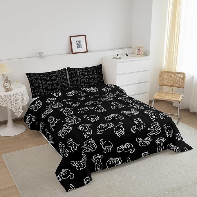 Cartoon Cat Bed Sheet Set Cute Pet Cats Kids Comforter Set Animal Pattern Printed Bedding Set Set for Boys Room Decor Kitten Print Bed Cover Full Size with 3 Pillow Case - LeafyLoom