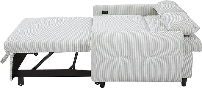 3-in-1 Corduroy Upholstered Futon Loveseat Sofa w/Pull Out Bed and USB Ports, 57.48" Pullout Couch Chaise Lounge with Adjustable Backrest and Throw Pillows for Living Room Small Space - LeafyLoom