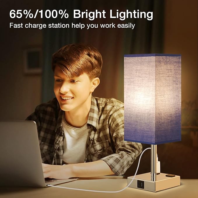 aooshine SW1 Blue Touch Lamp Set of 2 with USB Port Nightstand Lamp with USB-C+A Charge Ports& AC Outlets, 3-Way Dimmable Bedside Lamp, Small Table Lamp for Bedroom Living Room (Bulb Included) - LeafyLoom