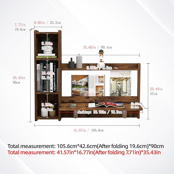 Pmnianhua Farmhouse Floating Desk,41''Wall Mounted Desk,L Shaped Folding Table,Fold Down Laptop Computer Desk with Storage for Wall Bedroom Small Space (Rustic Brown-Left) - LeafyLoom