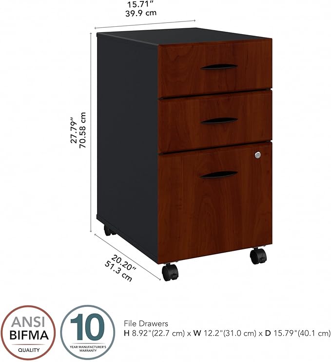 Bush Business Furniture Series A 3 Drawer Mobile File Cabinet in Hansen Cherry & Galaxy - Assembled, Rolling Document Storage for Home or Professional Office - LeafyLoom