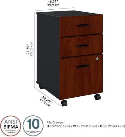 Bush Business Furniture Series A 3 Drawer Mobile File Cabinet in Hansen Cherry & Galaxy - Assembled, Rolling Document Storage for Home or Professional Office - LeafyLoom