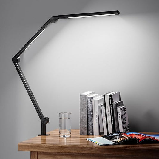 LED Desk Lamp with Clamp, Adjustable Swing Arm, Dual Light Sources, Stepless Dimming, Modern Table Light for Home Office, Work, Study, Flexible, Eye-Caring Clip-on Desk Light - LeafyLoom