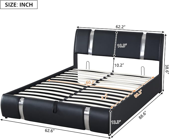 Modern Queen Size Upholstered Faux Leather Platform Bed with a Hydraulic Storage System, Metal Strips Headboard and Footboard, No Box Spring Needed, Sturdy Slat Support, Easy to Assemble - LeafyLoom