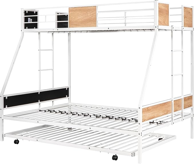 Twin over Full Bunk Bed with Trundle,Heavy-duty Sturdy Metal,Noise Reduced,Safety Guardrail,Wooden Decoration,Convenient-Trundle,Bunk-Bed for Three,CPC Certified,No Box Spring Needed,White - LeafyLoom