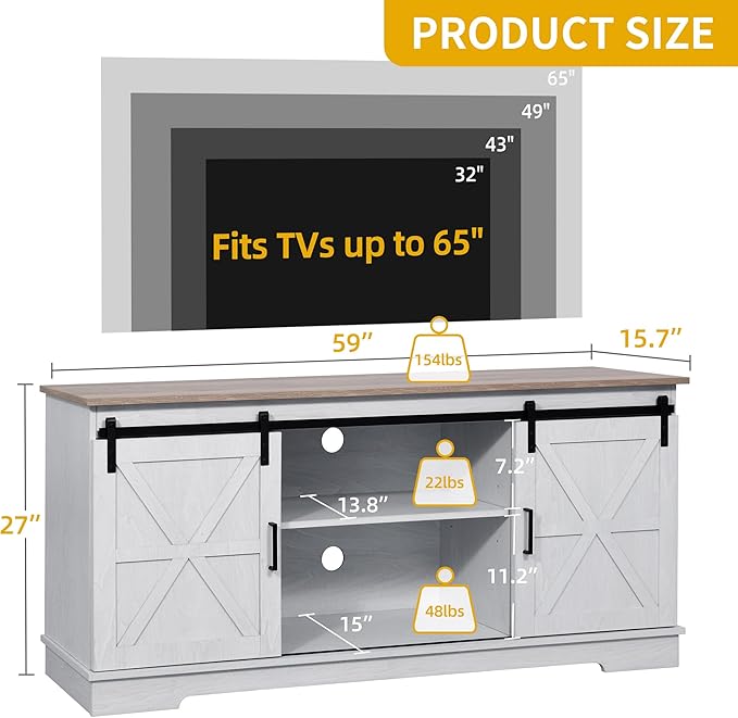 DWVO TV Cabinet for 65 Inch TV, Farmhouse TV Stand with Storage Cabinets and Sliding Barn Doors, Mid Century Modern Entertainment Center Media TV Console for Living Room, Grey White/Grey Wash - LeafyLoom