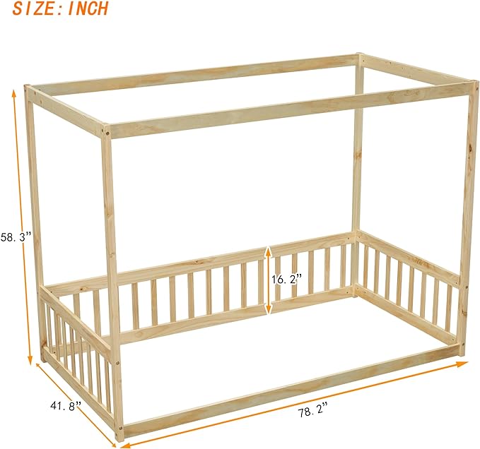 Twin Size Canopy Bed Frame with Guardrails for Kids,Floor Bed Twin with Four Poster Design,Kids Montessori Floor Bed,Wood Canopy Bed Frame for Girls,Boys(Twin,Natural) - LeafyLoom