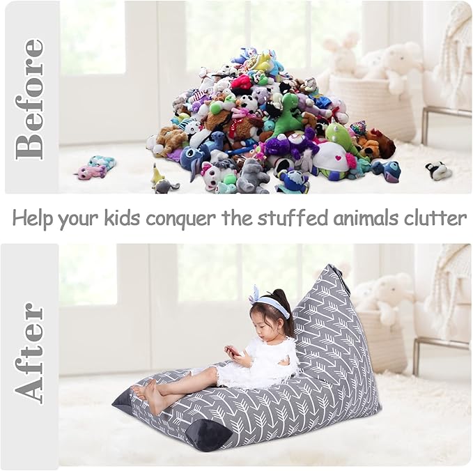 Jorbest Stuffed Animal Storage Bean Bag Chair for Kids and Adults, Stuffed Animal Bean Bag, Premium Canvas Stuffie Seat - COVER ONLY (Grey with White Arrows 200L/52 Gal) - LeafyLoom