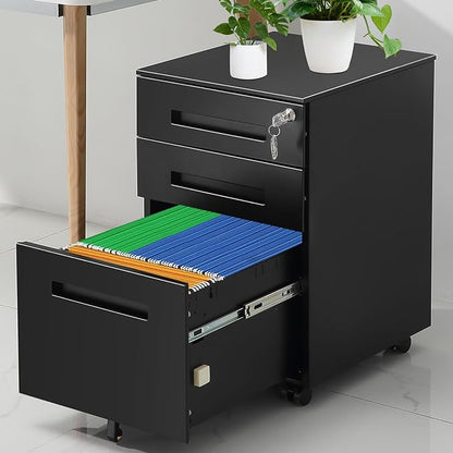 3-Drawer Mobile File Cabinets Rolling Metal Filing Cabinet for Legal & Letter File Anti-tilt Design with Lock Under Desk Office Drawers Fully Assembled Except Casters Black(Style 3) - LeafyLoom