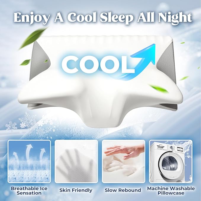 Cervical Pillow for Neck Pain Relief, Cooling Contour Memory Foam Pillows Support Odorless Ergonomic Neck Pillow Adjustable Orthopedic Bed Pillow for Side Back Stomach Sleeper with Pillowcase - LeafyLoom